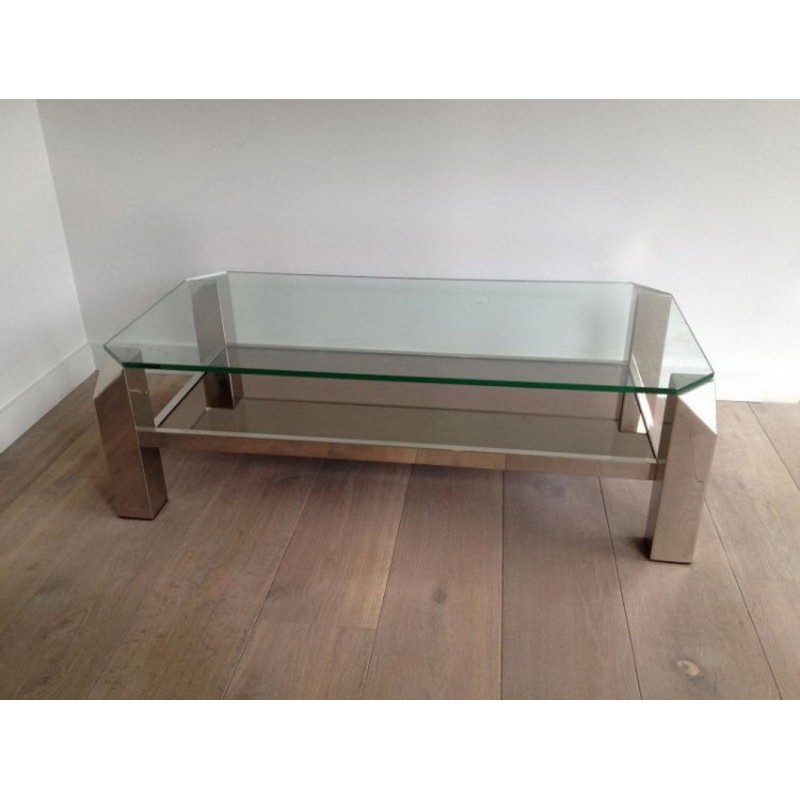 Table Basse Octogonale en Chrome à Plateaux de Verre et Miroir