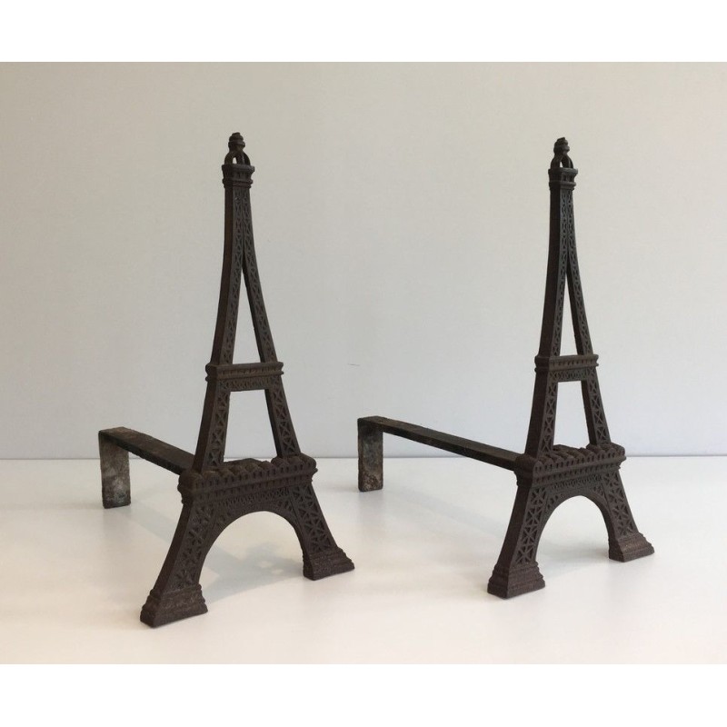 Rare Paire de Chenets Tour Eiffel en Fonte