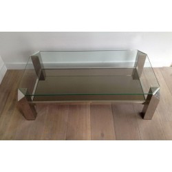 Table Basse Octogonale en Chrome à Plateaux de Verre et Miroir
