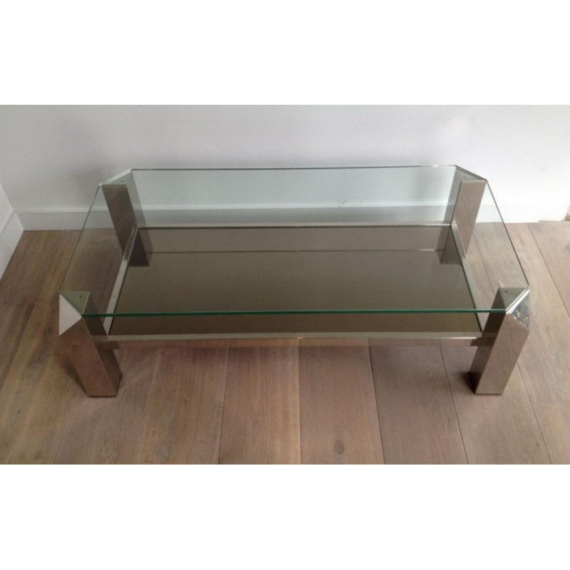 Table Basse Octogonale en Chrome à Plateaux de Verre et Miroir