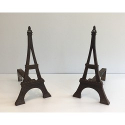 Rare Paire de Chenets Tour Eiffel en Fonte