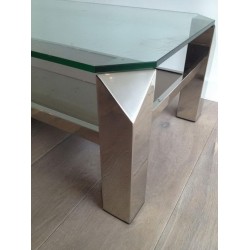 Table Basse Octogonale en Chrome à Plateaux de Verre et Miroir