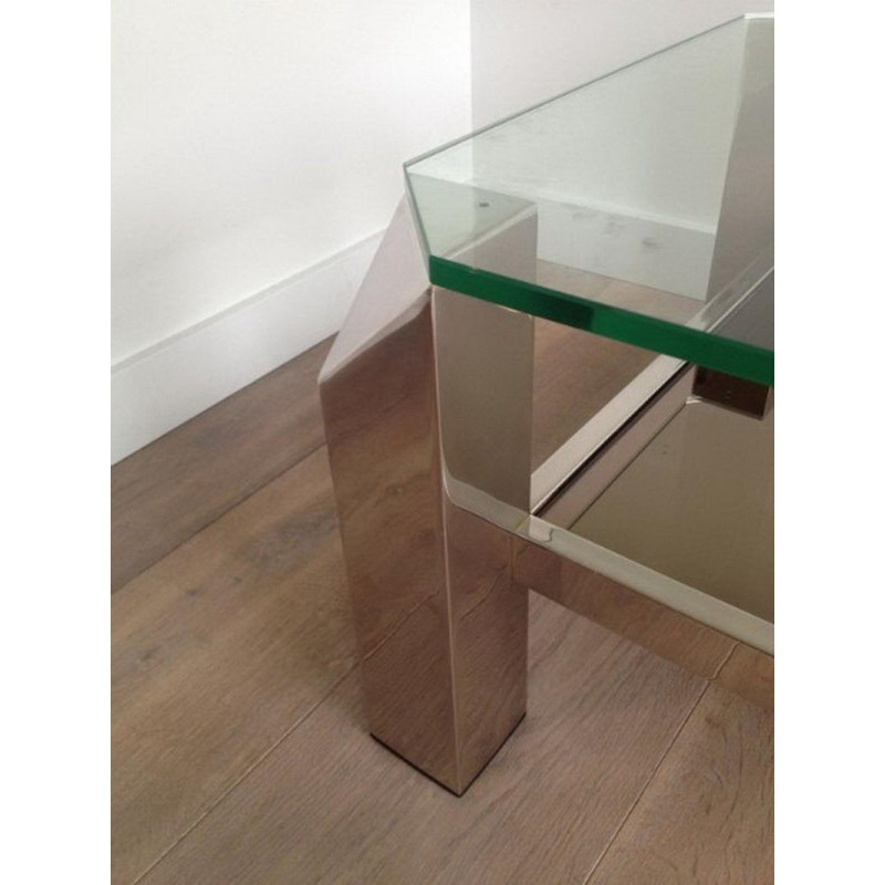 Table Basse Octogonale en Chrome à Plateaux de Verre et Miroir