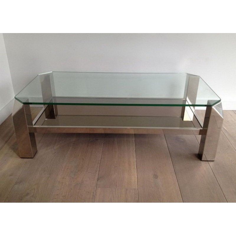 Table Basse Octogonale en Chrome à Plateaux de Verre et Miroir