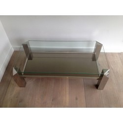 Table Basse Octogonale en Chrome à Plateaux de Verre et Miroir