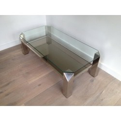 Table Basse Octogonale en Chrome à Plateaux de Verre et Miroir