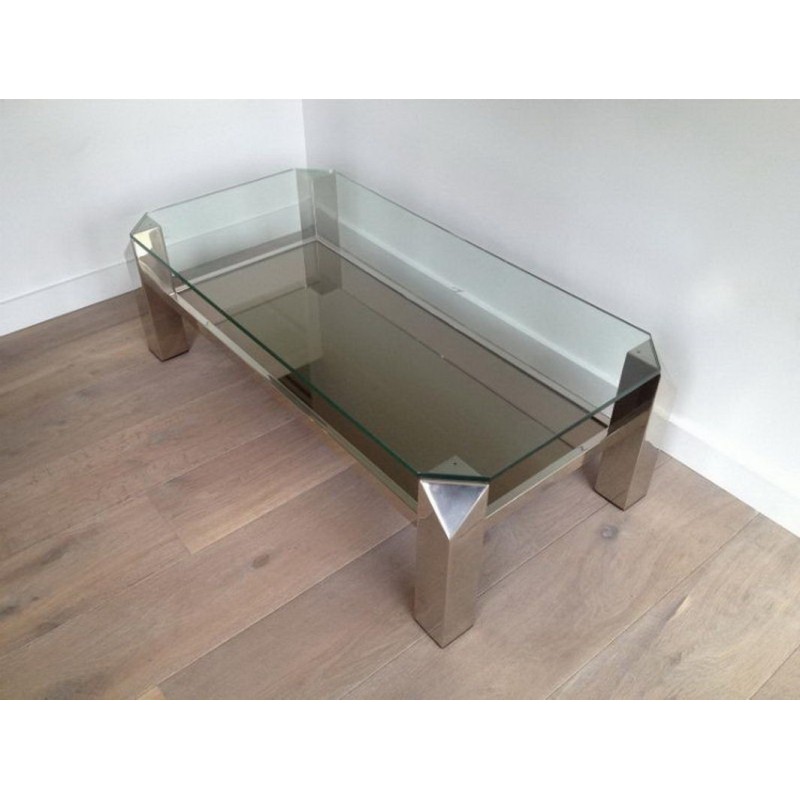 Table Basse Octogonale en Chrome à Plateaux de Verre et Miroir