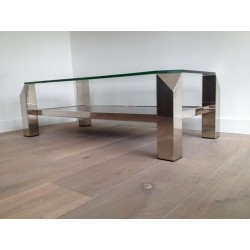 Table Basse Octogonale en Chrome à Plateaux de Verre et Miroir