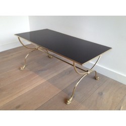 Table Basse en Laiton à Têtes de Dauphins et Plateau de Verre Laqué Noir de la Maison Jansen
