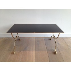 Table Basse en Laiton à Têtes de Dauphins et Plateau de Verre Laqué Noir de la Maison Jansen