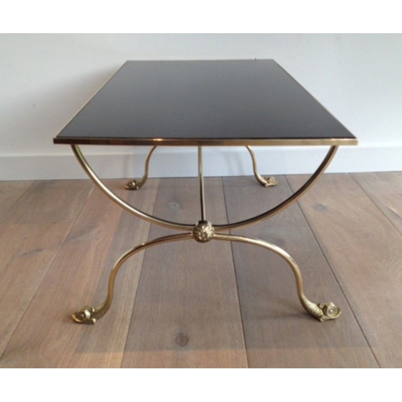 Table Basse en Laiton à Têtes de Dauphins et Plateau de Verre Laqué Noir de la Maison Jansen