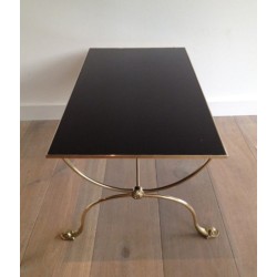 Table Basse en Laiton à Têtes de Dauphins et Plateau de Verre Laqué Noir de la Maison Jansen