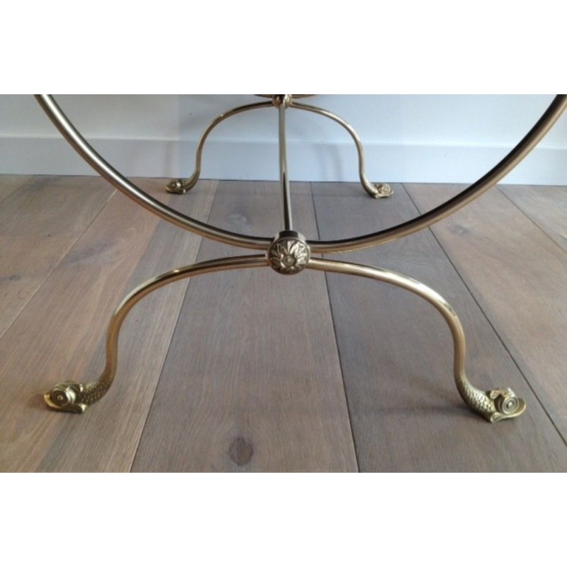 Brass Coffee Table with Dolphin Heads and Black Lacquered Glass Top. French Work by Maison Jansen. Circa 1940