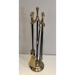 Brass and Black Lacquered Fireplace Tools on Stand