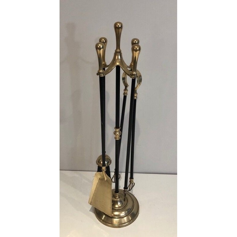 Brass and Black Lacquered Fireplace Tools on Stand