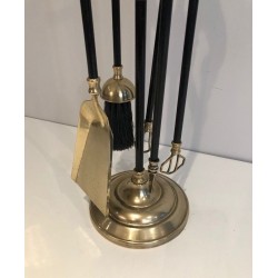 Brass and Black Lacquered Fireplace Tools on Stand