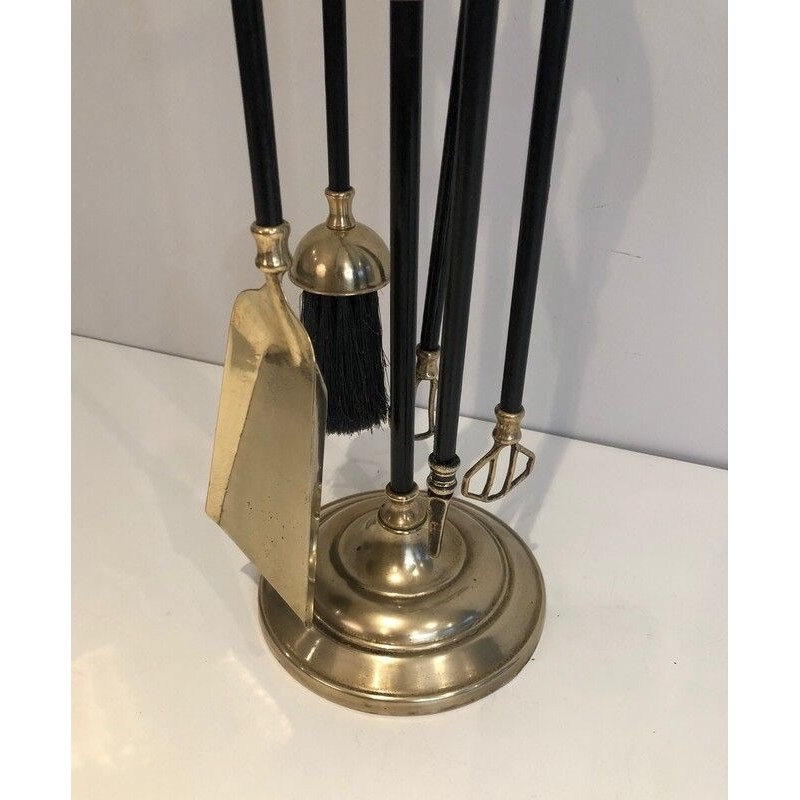 Brass and Black Lacquered Fireplace Tools on Stand