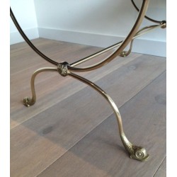 Table Basse en Laiton à Têtes de Dauphins et Plateau de Verre Laqué Noir de la Maison Jansen