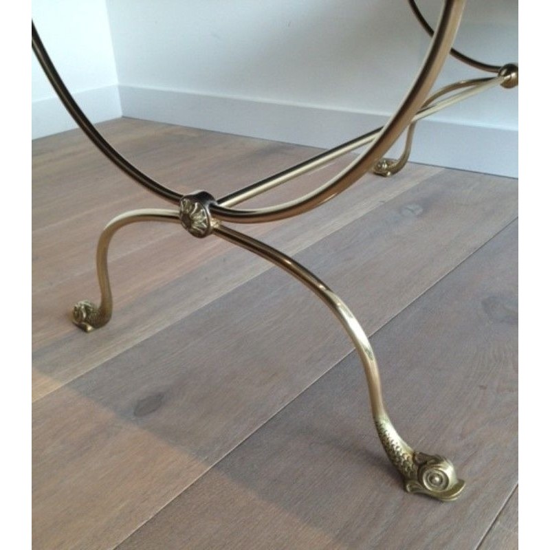Table Basse en Laiton à Têtes de Dauphins et Plateau de Verre Laqué Noir de la Maison Jansen