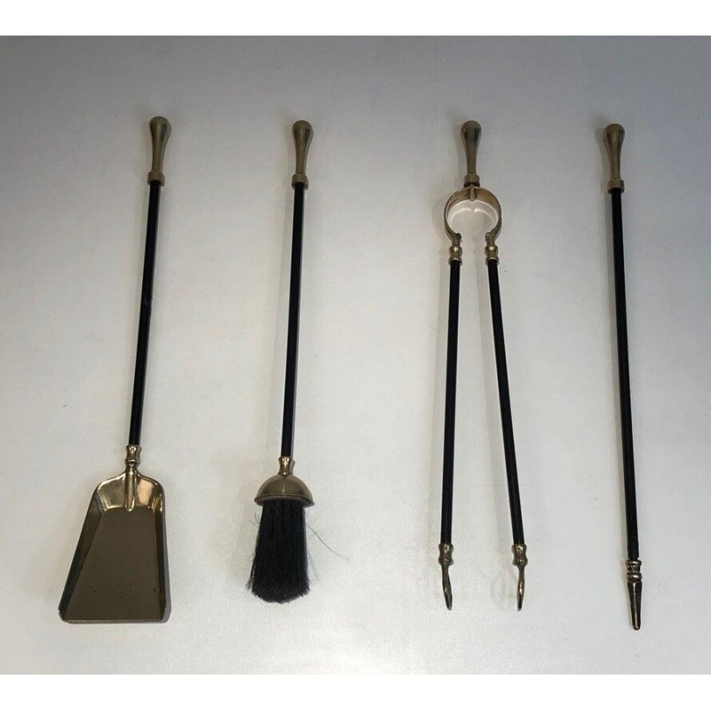 Brass and Black Lacquered Fireplace Tools on Stand