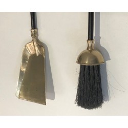 Brass and Black Lacquered Fireplace Tools on Stand