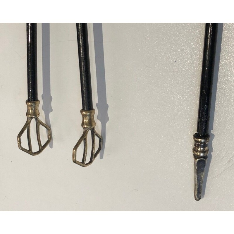Brass and Black Lacquered Fireplace Tools on Stand