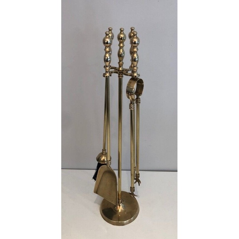 Neoclassical Brass Fireplace Tool Set on Stand, French Work, circa 1970