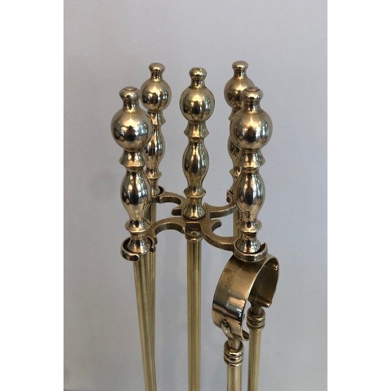 Neoclassical Brass Fireplace Tool Set on Stand, French Work, circa 1970