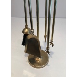 Neoclassical Brass Fireplace Tool Set on Stand, French Work, circa 1970