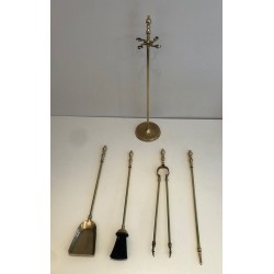 Nécessaire de Feu Néoclassique en Laiton sur Portoir, Travail Français, vers 1970