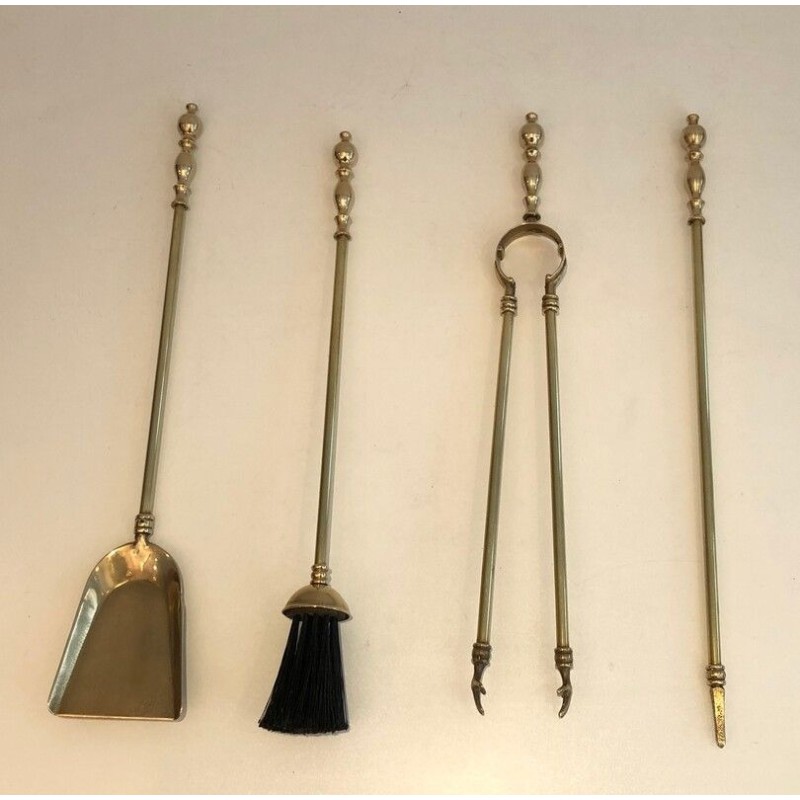 Neoclassical Brass Fireplace Tool Set on Stand, French Work, circa 1970