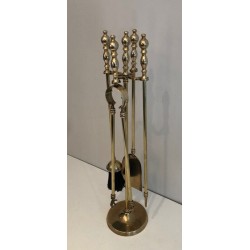 Neoclassical Brass Fireplace Tool Set on Stand, French Work, circa 1970