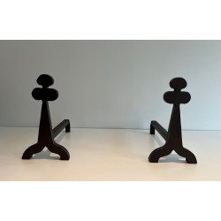 Pair of Steel and Wrought Iron Andirons with Clover Motifs, French Work, circa 1950