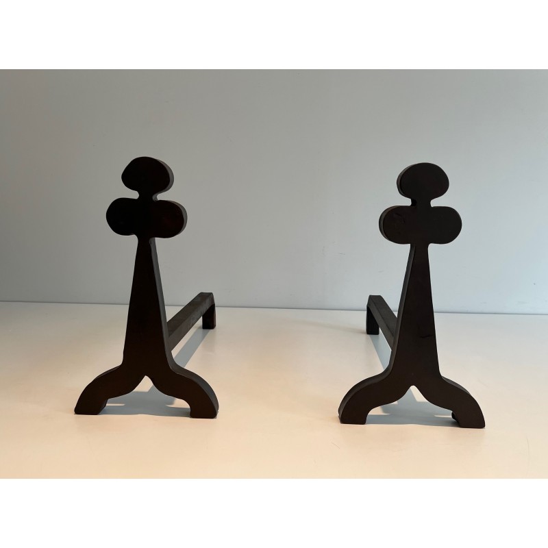 Pair of Steel and Wrought Iron Andirons with Clover Motifs, French Work, circa 1950