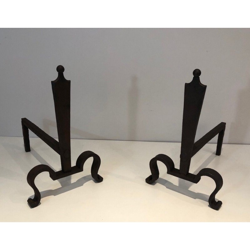 Pair of Steel and Wrought Iron Andirons, French Work, circa 1940