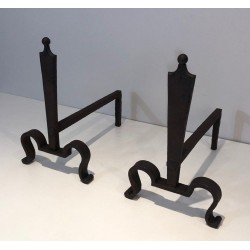 Pair of Steel and Wrought Iron Andirons, French Work, circa 1940