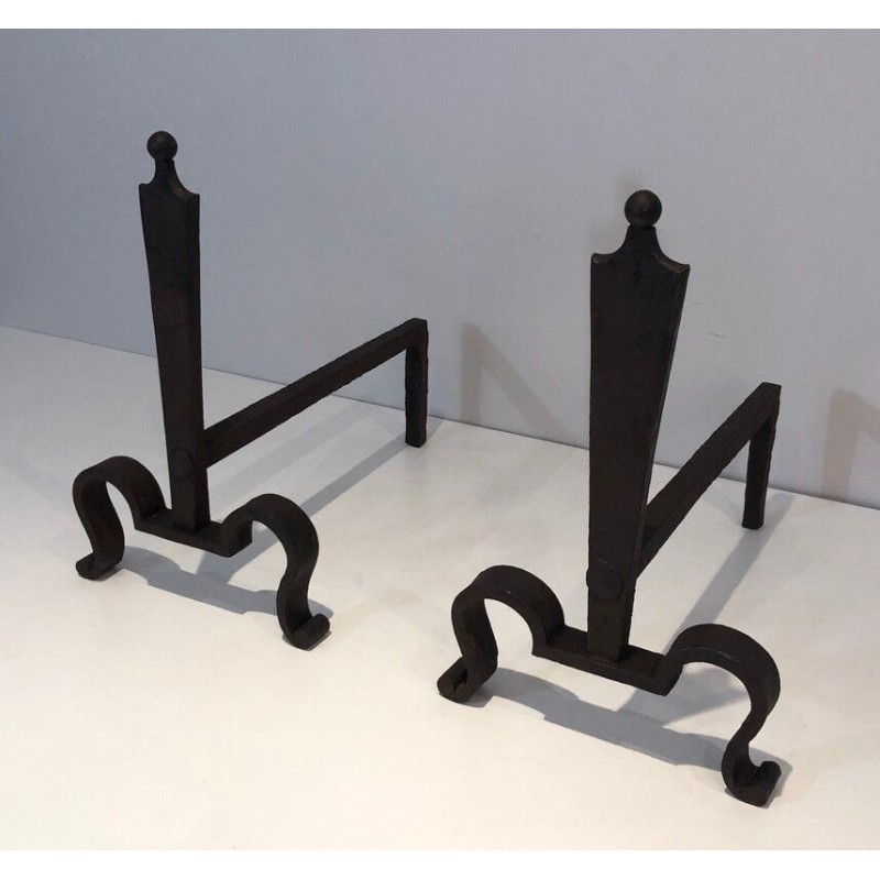 Pair of Steel and Wrought Iron Andirons, French Work, circa 1940