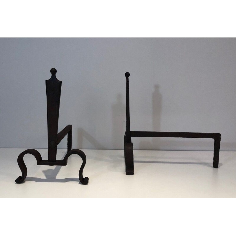 Pair of Steel and Wrought Iron Andirons, French Work, circa 1940