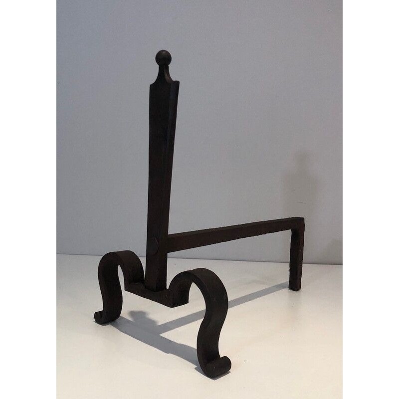 Pair of Steel and Wrought Iron Andirons, French Work, circa 1940