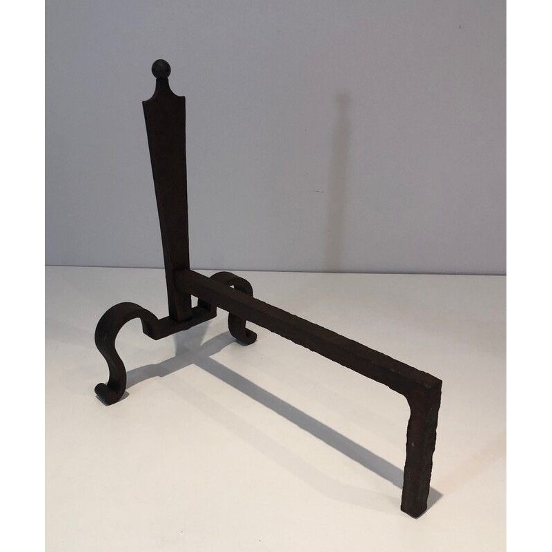 Pair of Steel and Wrought Iron Andirons, French Work, circa 1940