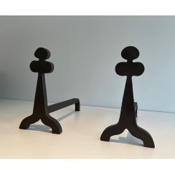 Pair of Steel and Wrought Iron Andirons with Clover Motifs, French Work, circa 1950