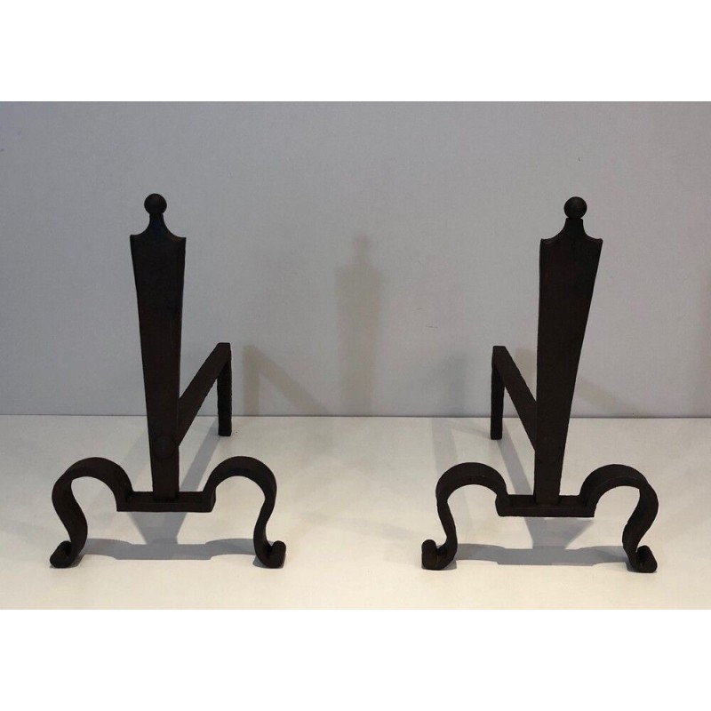 Pair of Steel and Wrought Iron Andirons, French Work, circa 1940