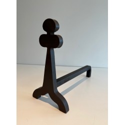 Pair of Steel and Wrought Iron Andirons with Clover Motifs, French Work, circa 1950