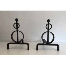 Pair of Modernist Wrought Iron Andirons, French Work, circa 1970
