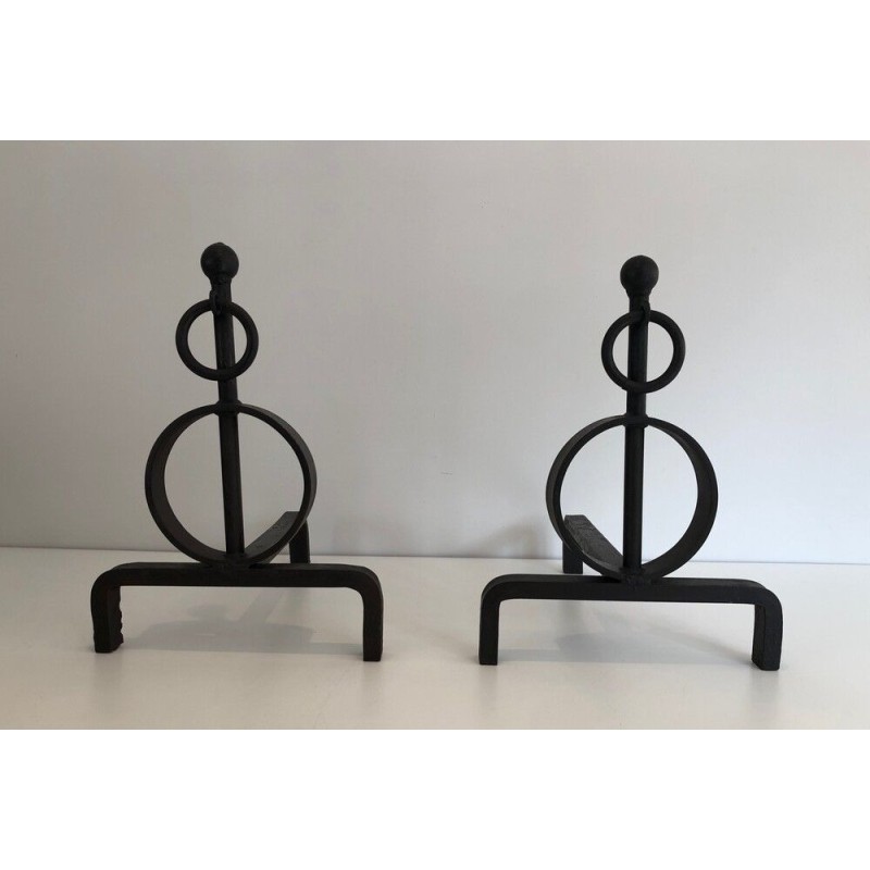 Pair of Modernist Wrought Iron Andirons, French Work, circa 1970