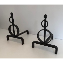 Pair of Modernist Wrought Iron Andirons, French Work, circa 1970