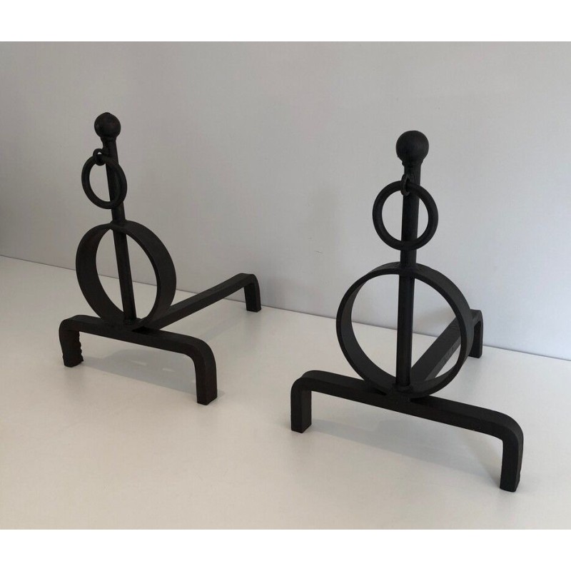 Pair of Modernist Wrought Iron Andirons, French Work, circa 1970