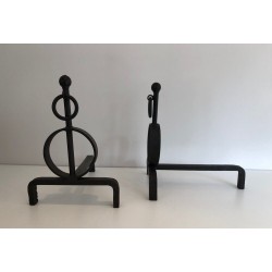 Paire de Chenets Modernistes en Fer Forgé, Travail Français, vers 1970