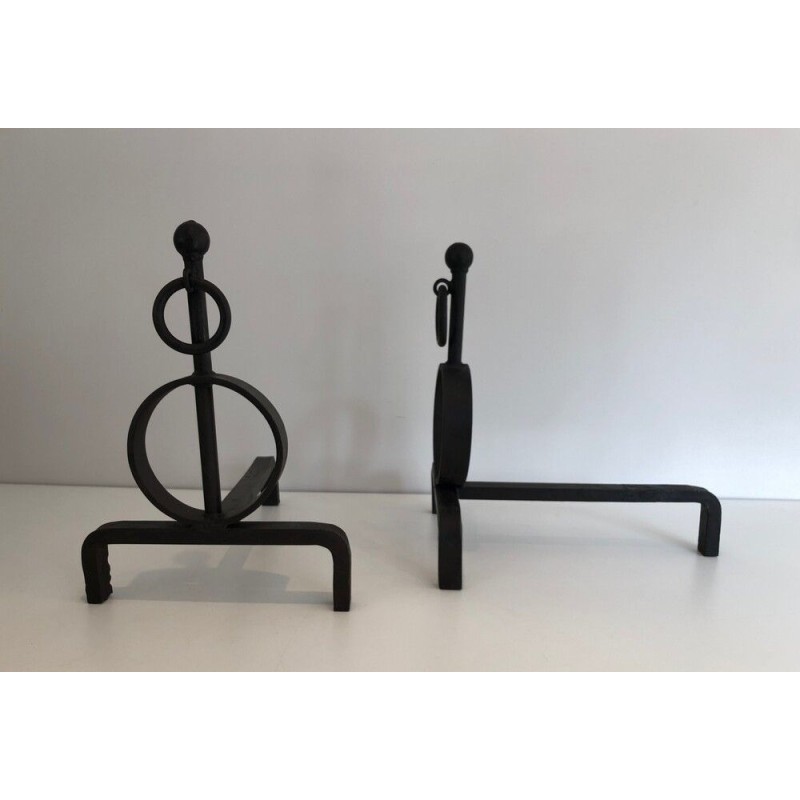 Paire de Chenets Modernistes en Fer Forgé, Travail Français, vers 1970