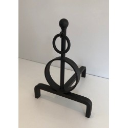 Paire de Chenets Modernistes en Fer Forgé, Travail Français, vers 1970